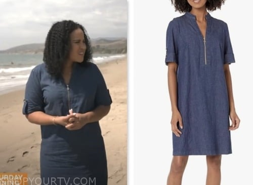 elise preston, cbs mornings, denim zip-front shift dress