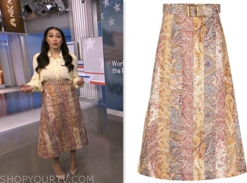 morgan radford, nbc news daily, paisley printed belted midi skirt