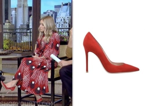 kelly ripa, live with kelly and mark, red suede pumps heels