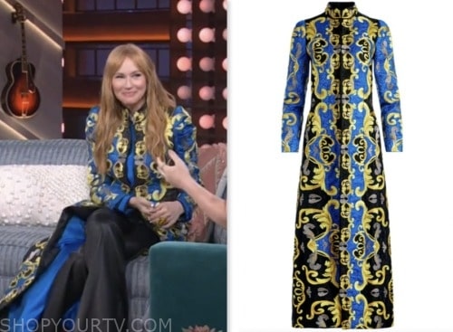 jewel, the kelly clarkson show, blue and yellow embroidered coat