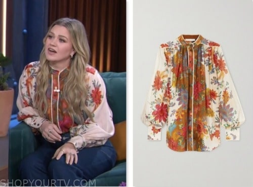 kelly clarkson show, kelly clarkson, floral silk blouse
