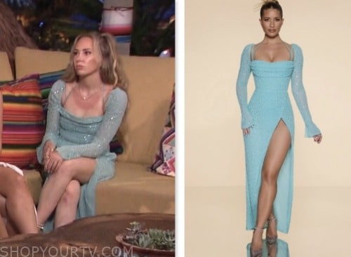 samantha picco, bachelor in paradise, blue embellished long sleeve dress