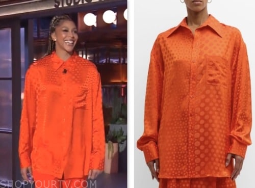 Candace Parker, the kelly clarkson show, orange dot satin shirt