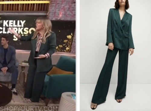 kelly clarkson, the kelly clarkson show, green satin double breasted blazer and pant suit