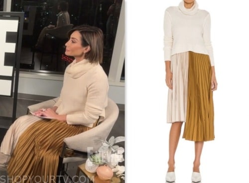 courtney lopez, beige sweater and pleated skirt dress, e! news