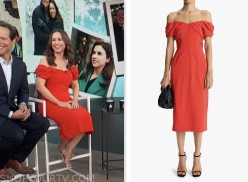 access daily, red off-the-shoulder dress, Lacey Chabert