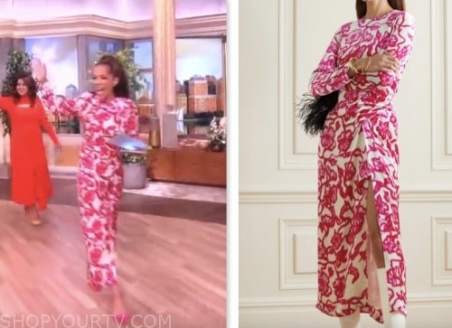 sunny hostin, the view, pink floral velvet midi dress