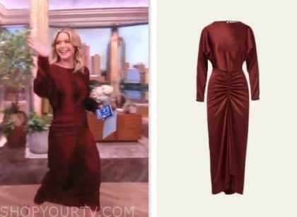 The View: November 2023 Sara Haines's Burgundy Silk Ruched Waist Dress ...