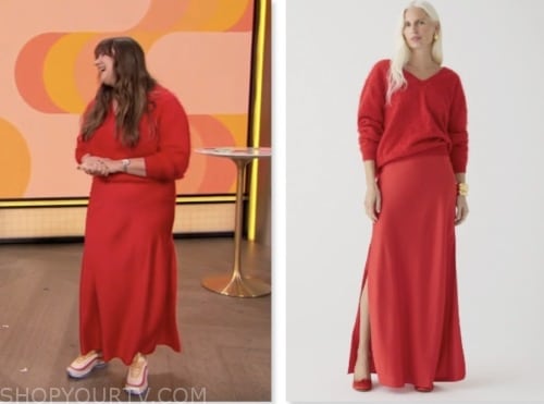 drew barrymore show, Julie Vadnal, red sweater and skirt