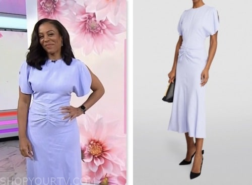 karen pittman, the today show, hoda and jenna, purple ruched waist midi dress