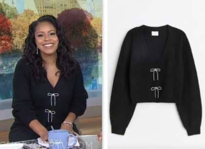 sheinelle jones, the today show, black rhinestone bow cardigan sweater