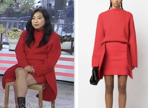 Awkwafina, the today show, red sweater and skirt