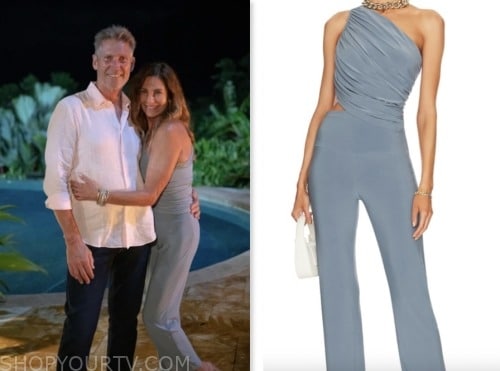 leslie fhima, the golden bachelor, blue one shoulder top and pants