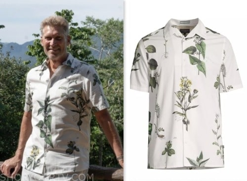 gerry turner, the golden bachelor, green and white leaf print shirt