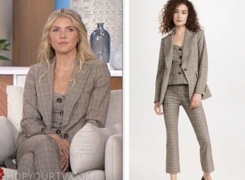 the talk, amanda kloots, brown plaid blazer, vest, and pant suit
