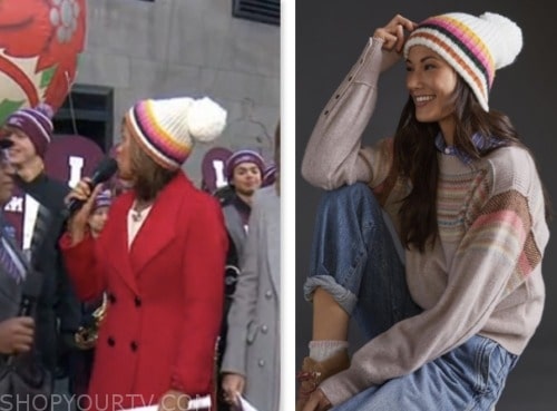 the today show, hoda kotb, white striped knit pom beanie hat