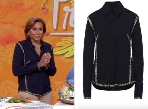 robin roberts, good morning america, navy blue snakeskin trim shirt