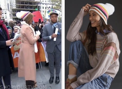 hoda kotb, the today show, white striped pom knit beanie hat