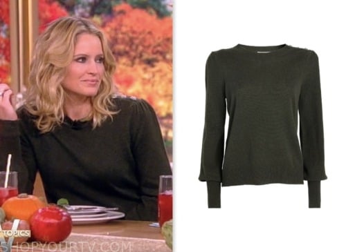 sara haines, the view, olive green button shoulder sweater