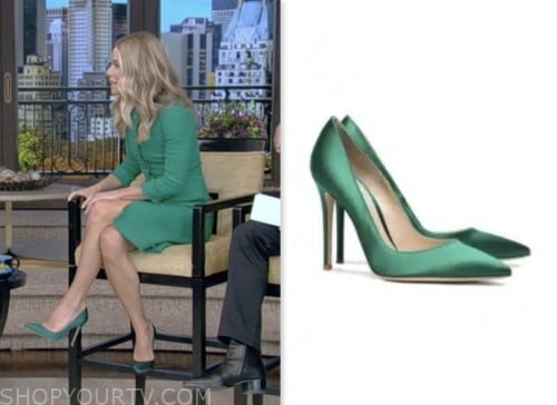 kelly ripa, live with kelly and mark, green satin pumps heels