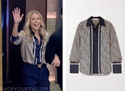 kelly ripa, live with kelly and mark, printed stripe satin shirt