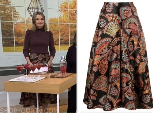 the today show, savannah guthrie, black jacquard flare midi skirt