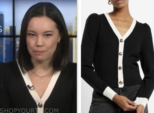 jo ling kent, cbs mornings, black and white contrast trim cardigan sweater