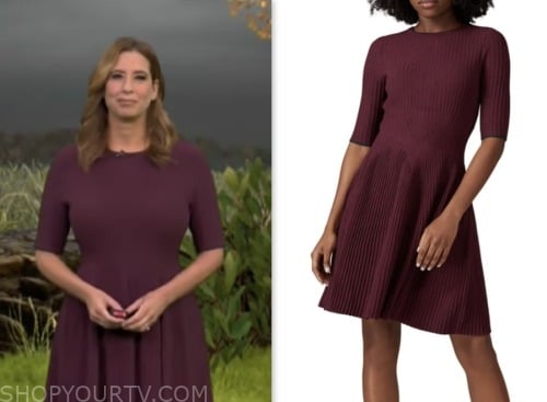 cbs mornings, stephanie abrams, burgundy ribbed knit dress