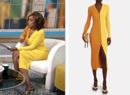 gayle king, cbs mornings, orange and yellow sweater dress