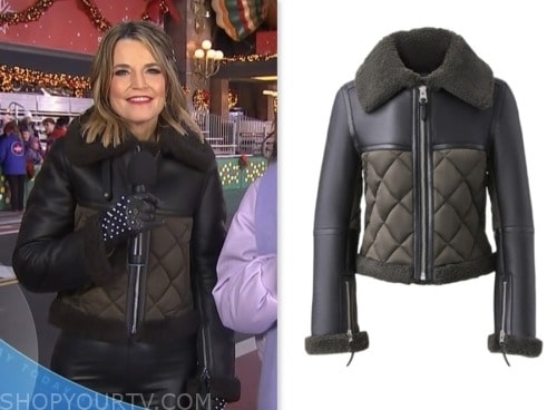 the today show, savannah guthrie, olive green and black shearling quilted leather jacket