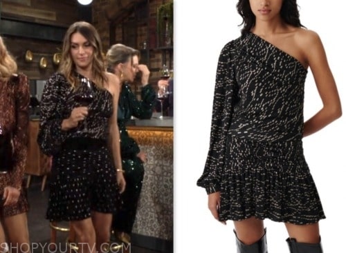 chloe mitchell, elizabeth hendrickson, the young and the restless, black printed one-shoulder top and skirt dress