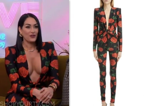 nikki garcia, black and red rose print jumpsuit, access hollywood