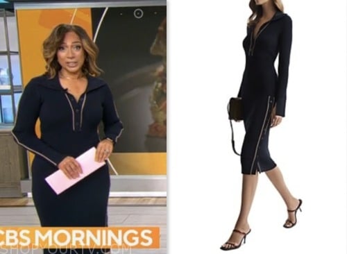 cbs mornings, michelle miller, navy blue contrast trim polo knit dress