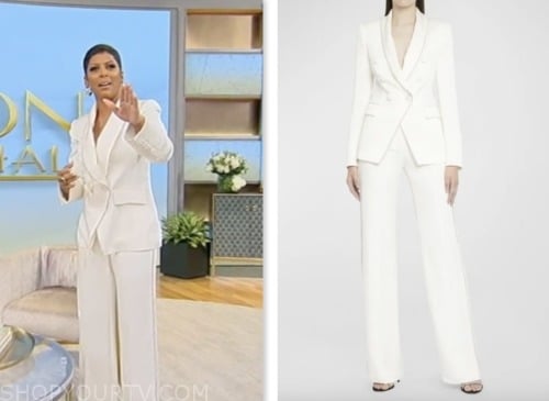 tamron hall show, tamron hall, white satin double breasted blazer and pant suit