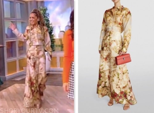 sunny hostin, the view, beige floral silk shirt and maxi skirt dress