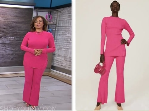 cbs mornings, pink ribbed knit top and pant set, michelle miller