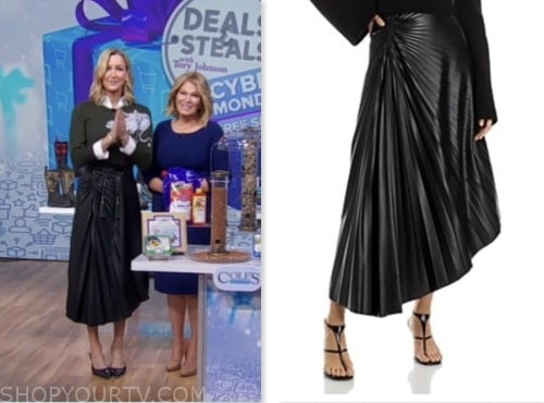 good morning america, lara spencer, black leather pleated midi skirt
