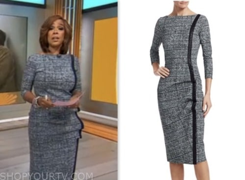 cbs mornings, gayle king, grey plaid side stripe sheath dress