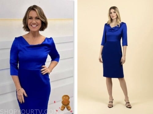 susanna reid, good morning britain, blue satin drape pencil dress