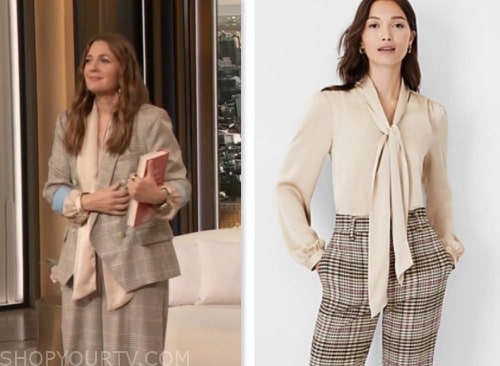 Drew barrymore, drew barrymore show, ivory satin tie neck top