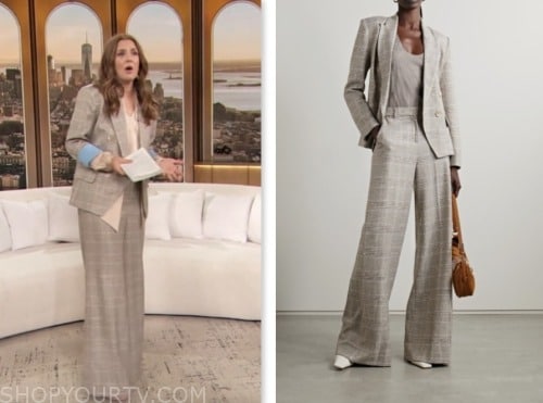 Drew barrymore show, drew barrymore, grey plaid blazer and pant suit