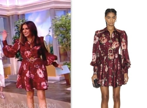 the view, alyssa farah griffin, burgundy floral mini shirt dress