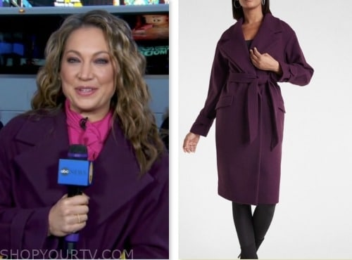 good morning america, ginger zee, purple wrap coat