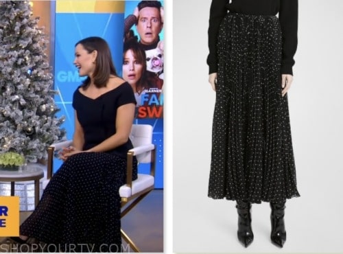 jennifer garner, good morning america, black pleated polka dot skirt