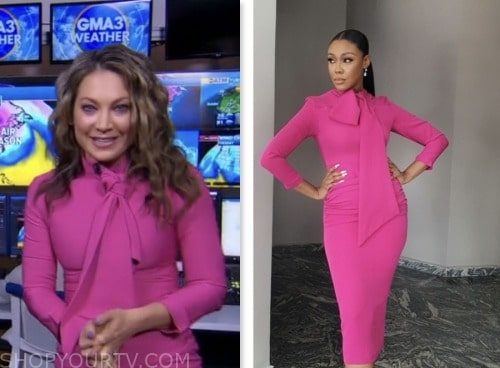 good morning america, ginger zee, pink tie neck dress, gma3