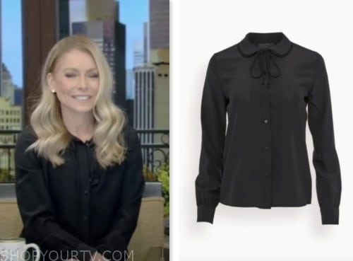 kelly ripa, live with kelly and mark, black tie neck blouse