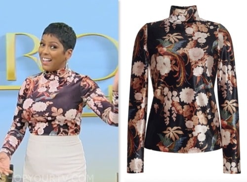 tamron hall show, tamron hall, black floral mock neck top