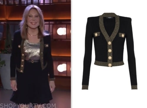 marlo thomas, the kelly clarkson show, black and gold contrast trim cardigan