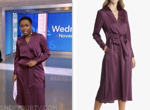 Zinhle Essamuah, nbc news daily, purple geometric print satin wrap dress
