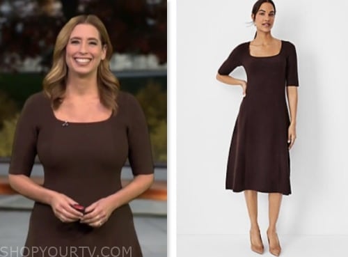 stephanie abrams, brown square neck midi dress, cbs mornings